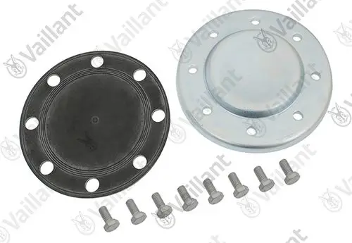 Zwei kreisförmige Flansche aus Metall und Gummi mit mehreren Bohrlöchern, begleitet von sechs Schrauben, präsentiert mit dem Logo von Vaillant im Hintergrund.